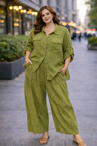 Дамски ленен панталон в цвят зелено резида
