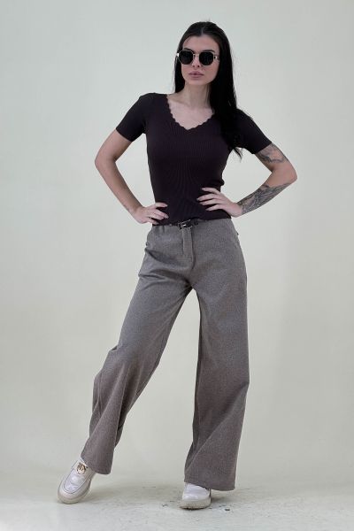 Дамска блуза фино плетиво в светло кафяво със сребърен ефект