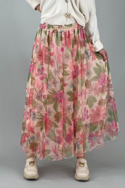 Дълга пола с флорален тюлен слой