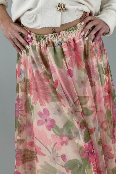 Дълга пола с флорален тюлен слой