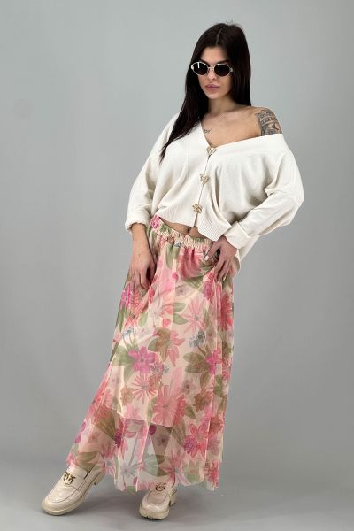 Дълга пола с флорален тюлен слой