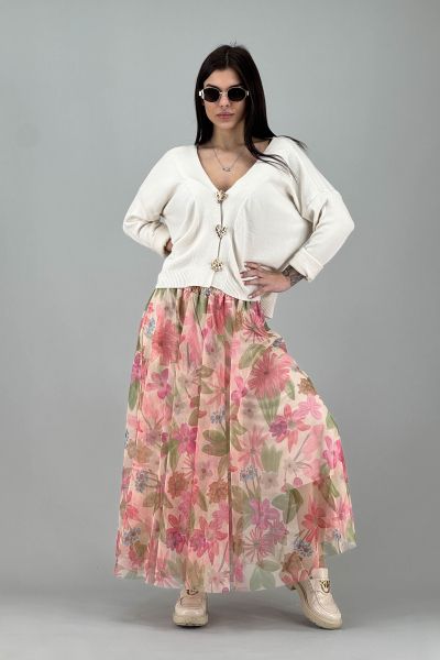 Дълга пола с флорален тюлен слой