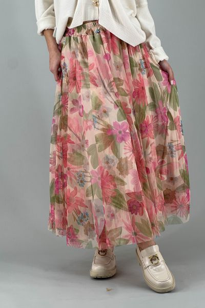 Дълга пола с флорален тюлен слой