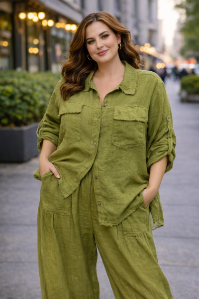 Дамска ленена риза в цвят зелено резида