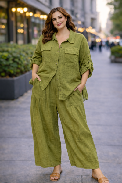 Дамски ленен панталон в цвят зелено резида