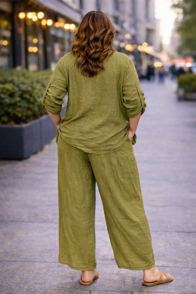 Дамски ленен панталон в цвят зелено резида